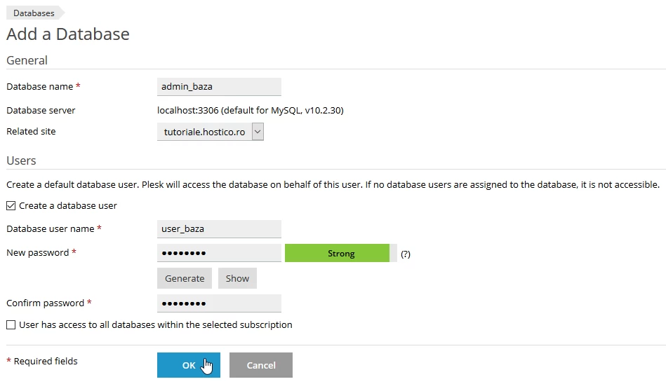 Opţiuni creare bază de date Plesk