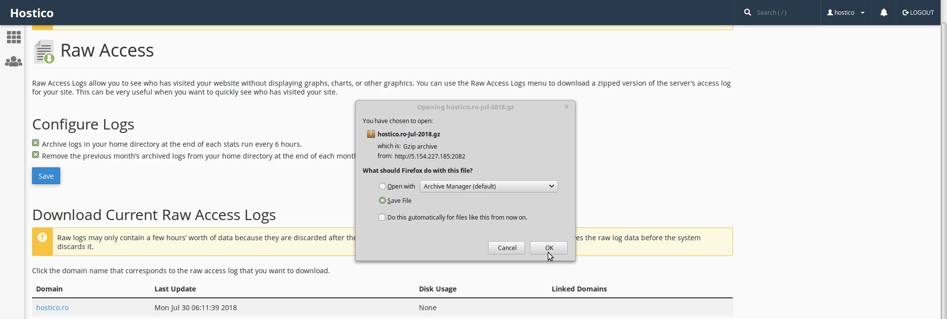 Descarcare loguri din raw access