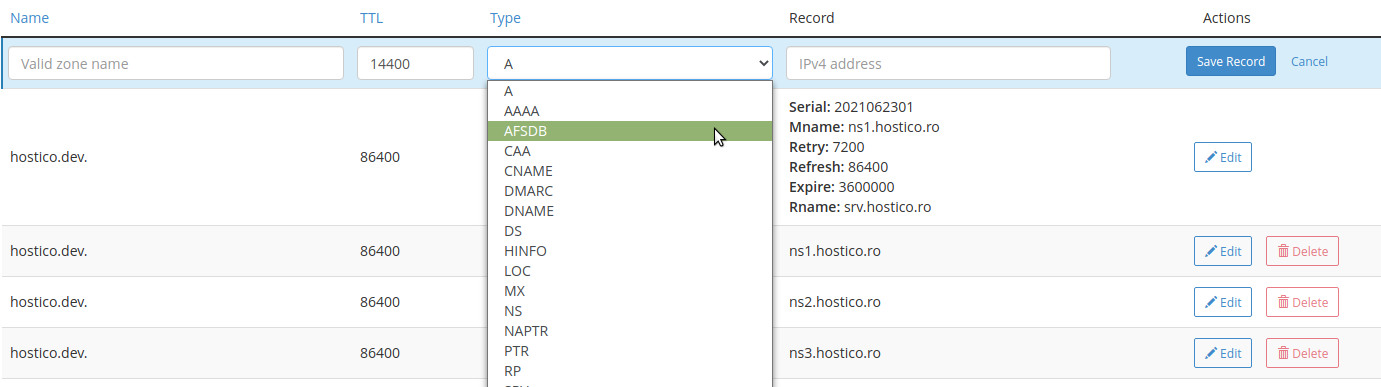 hostico addrecord DNS